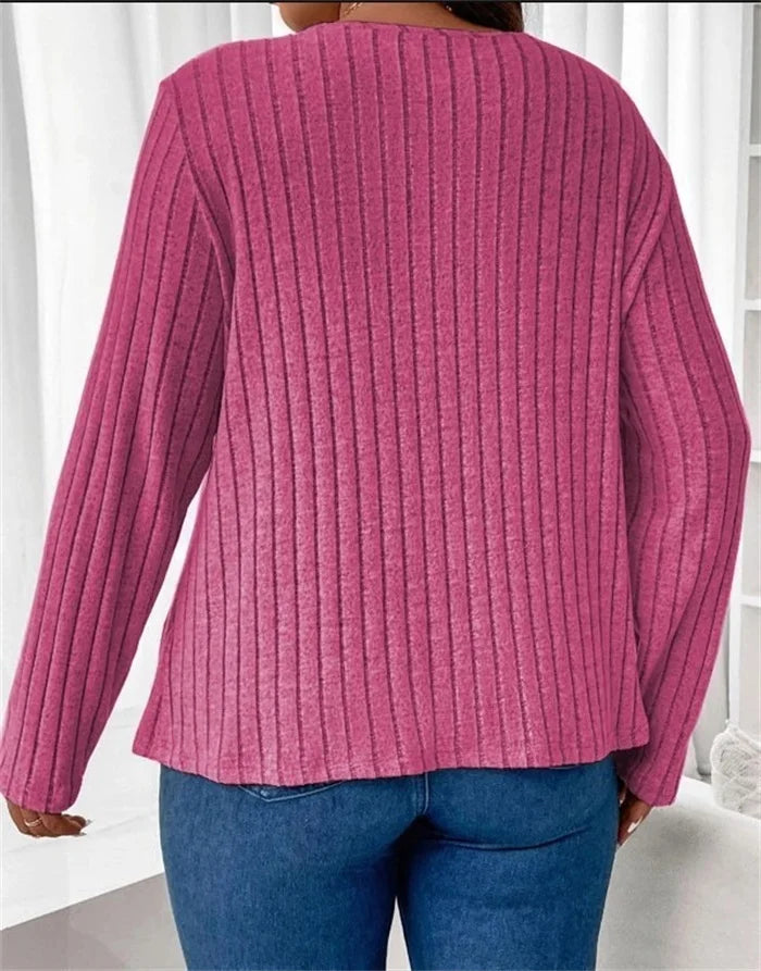 Plus Size Solid V-neck Chain Loose Long Sleeved Rib-knit Light Sweater
