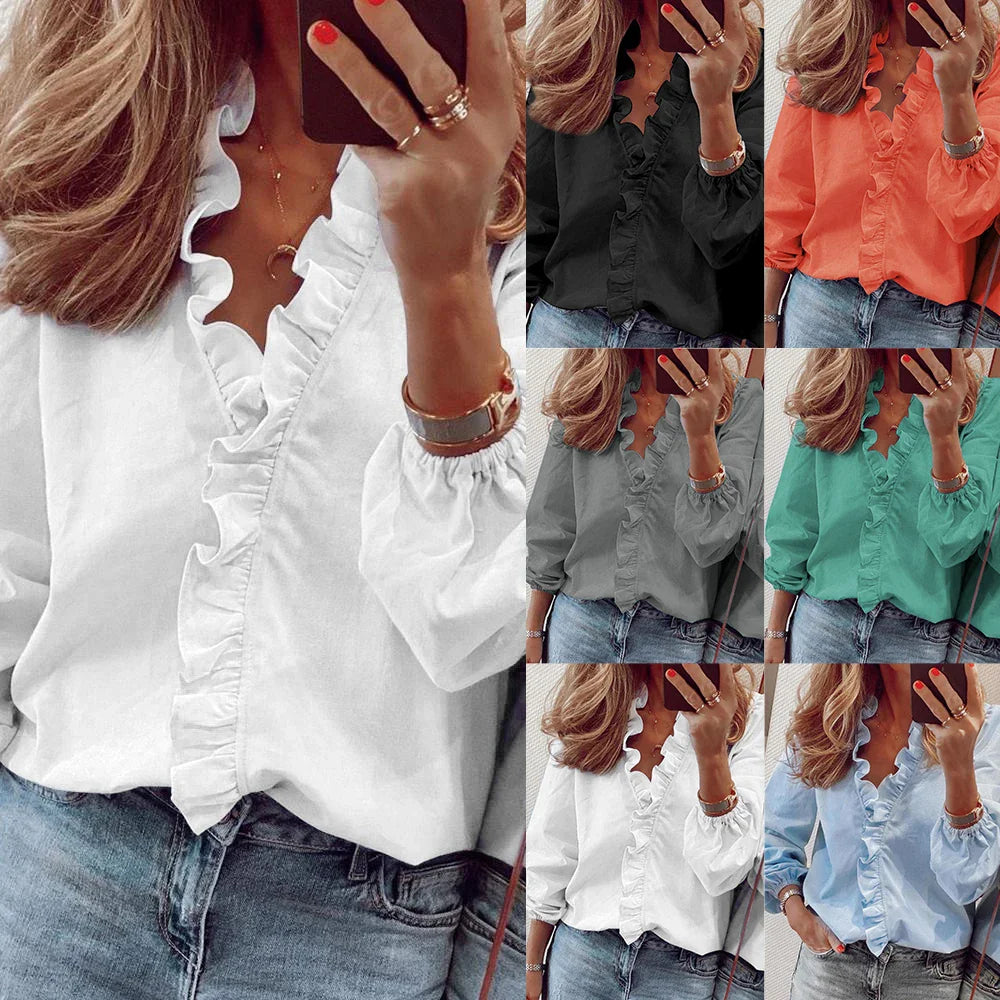 Plus Size Women Ruffled Blouse Pullover Long Sleeve