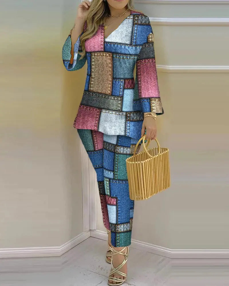 Long Sleeve V-neck Polyester Printing Two Pieces Sets