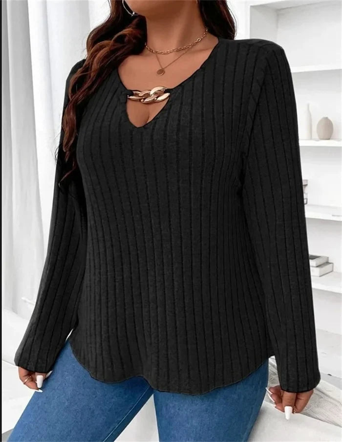 Plus Size Solid V-neck Chain Loose Long Sleeved Rib-knit Light Sweater