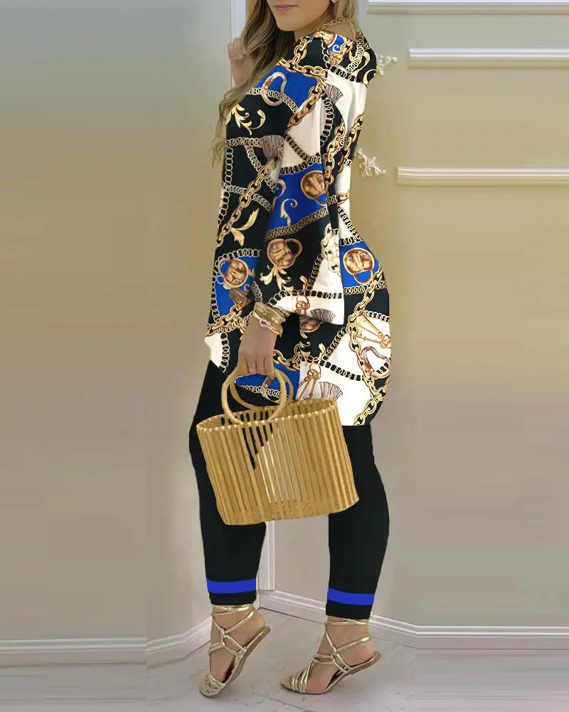 Long Sleeve V-neck Polyester Printing Two Pieces Sets