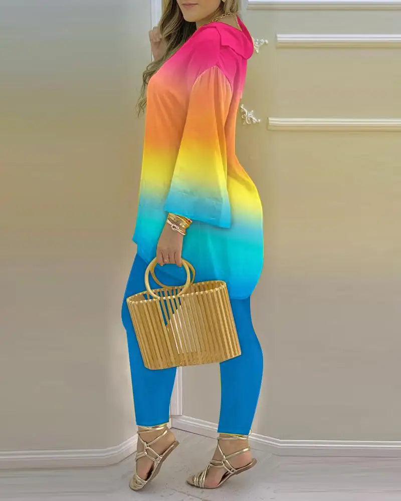 Long Sleeve V-neck Polyester Printing Two Pieces Sets