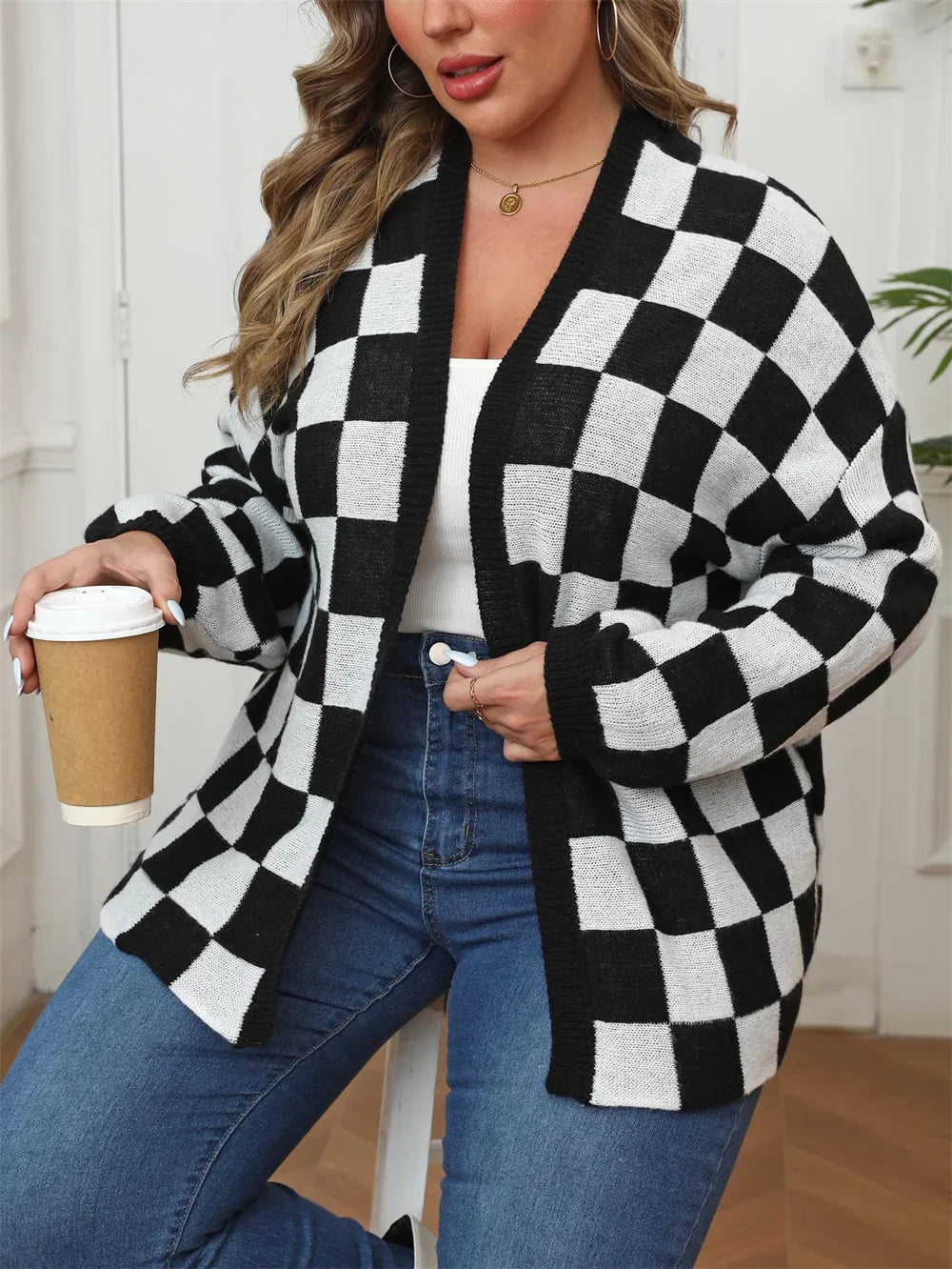 Plus Size Plaid Open Front Knitted Cardigan