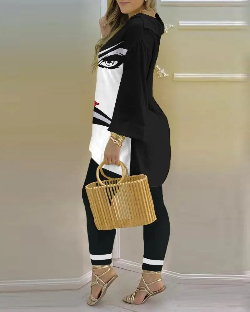 Long Sleeve V-neck Polyester Printing Two Pieces Sets