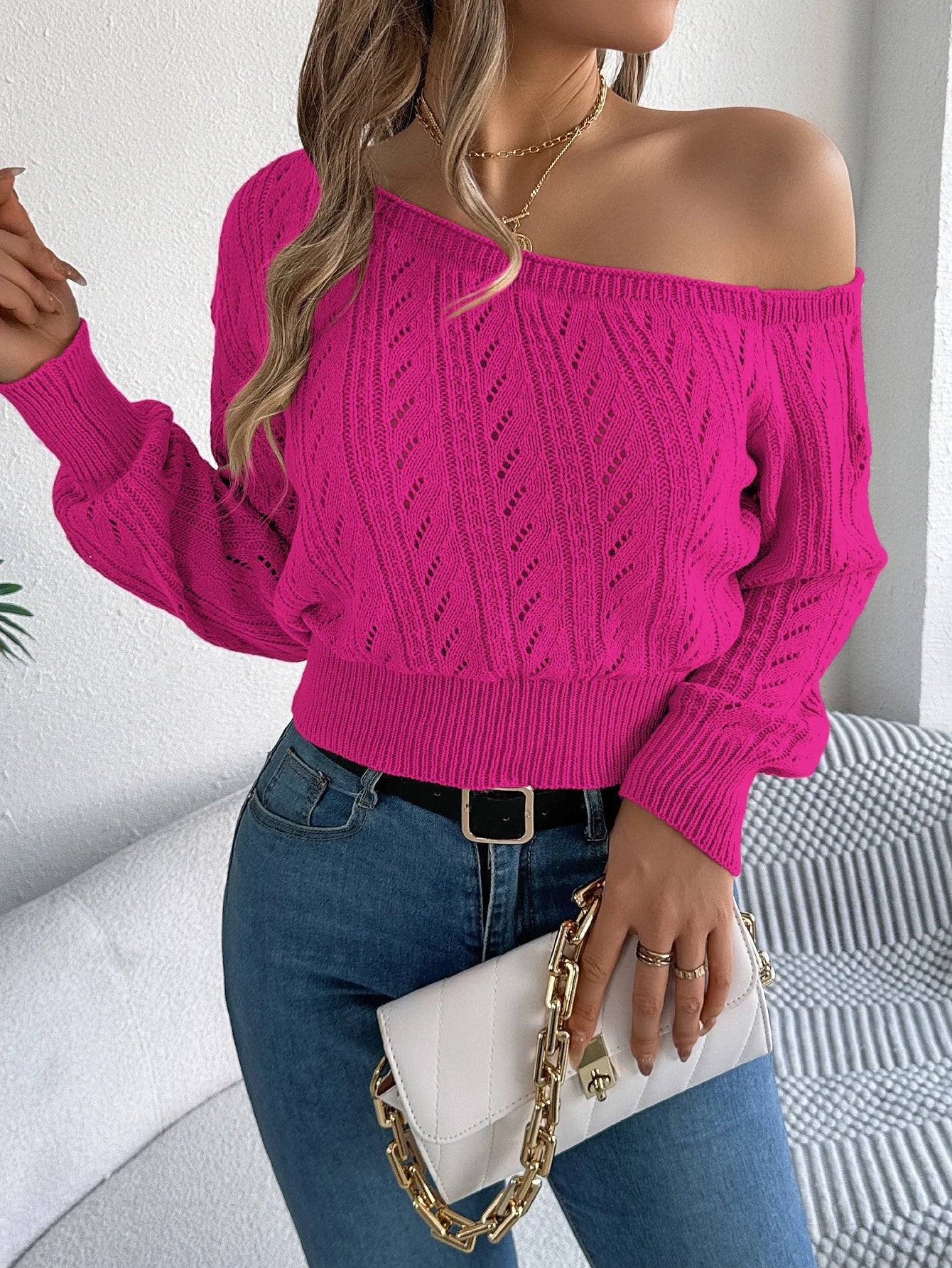 Casual Elegant Slash Neck Off Shoulder Long Sleeved Knitted Pullover Sweater
