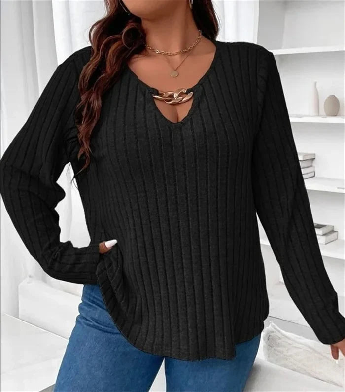 Plus Size Solid V-neck Chain Loose Long Sleeved Rib-knit Light Sweater
