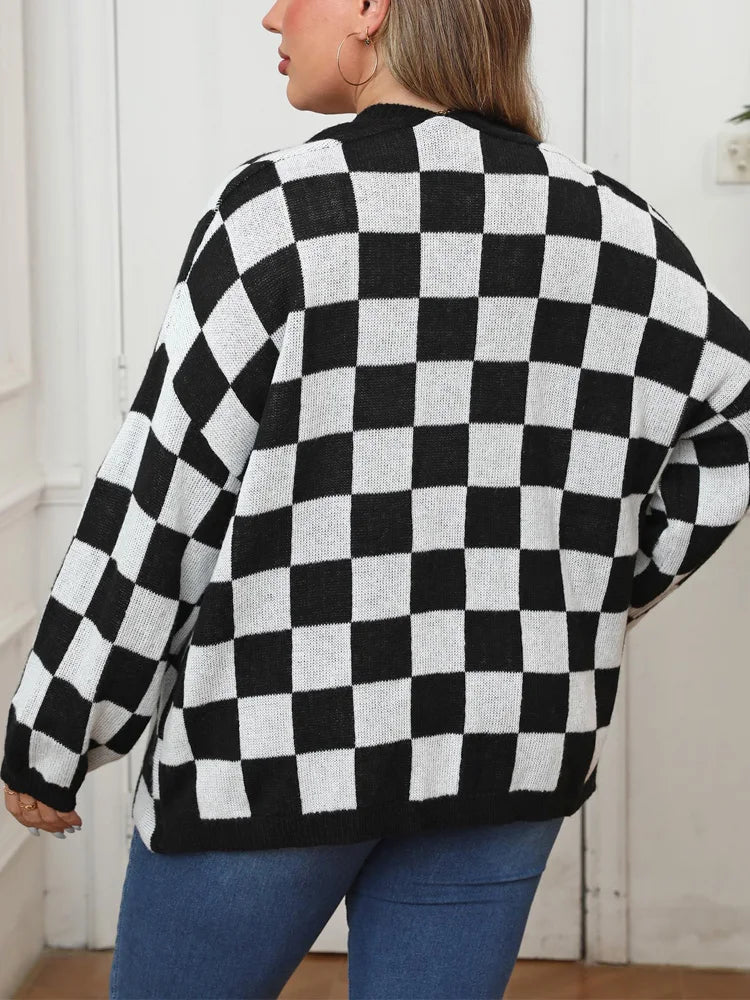 Plus Size Plaid Open Front Knitted Cardigan