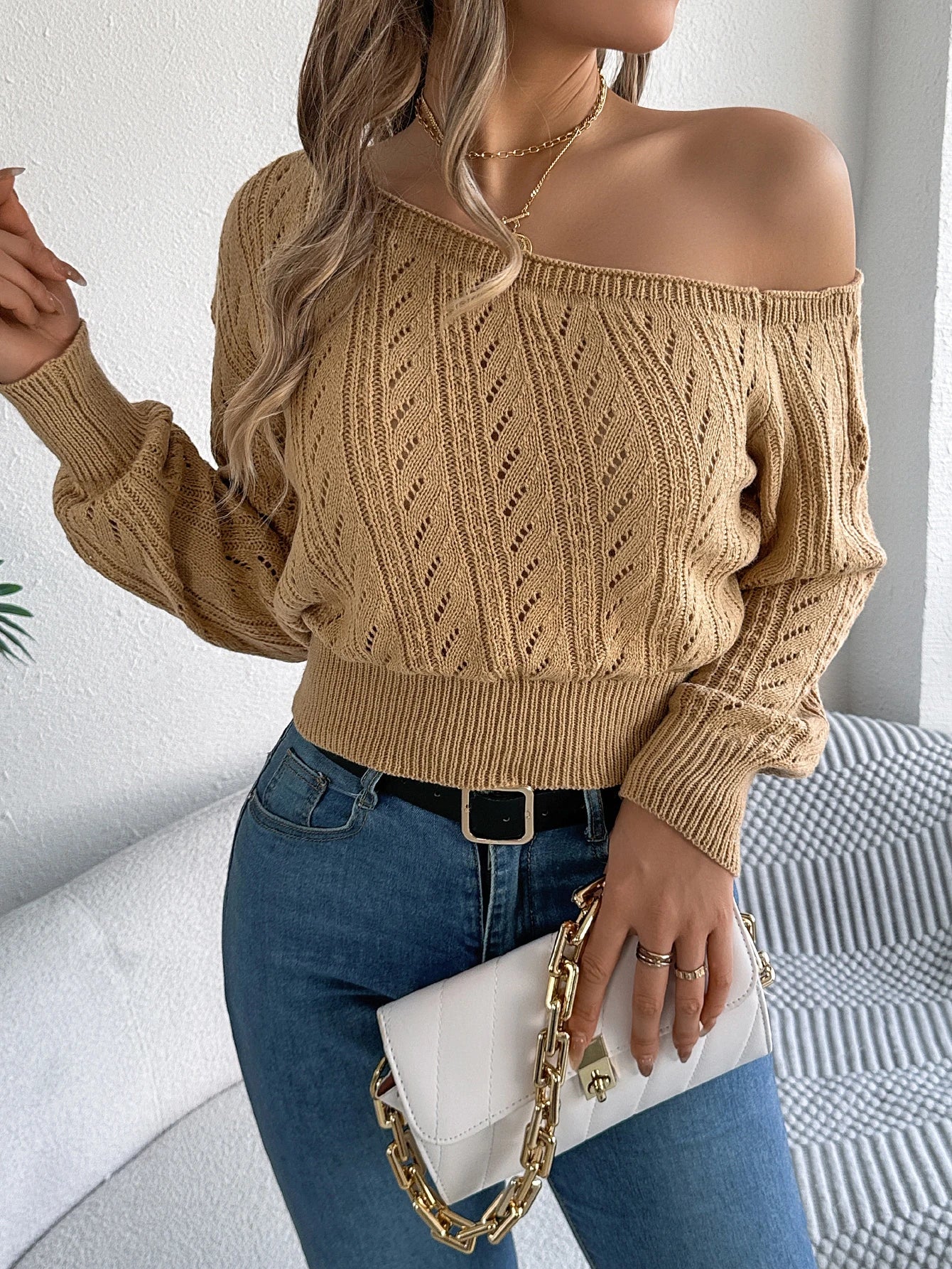 Casual Elegant Slash Neck Off Shoulder Long Sleeved Knitted Pullover Sweater