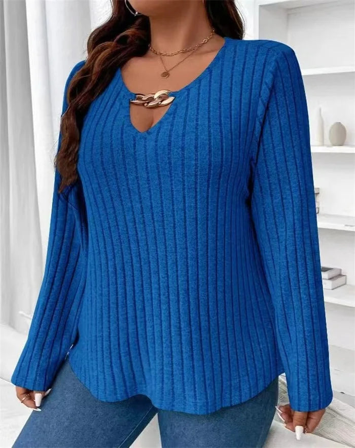 Plus Size Solid V-neck Chain Loose Long Sleeved Rib-knit Light Sweater