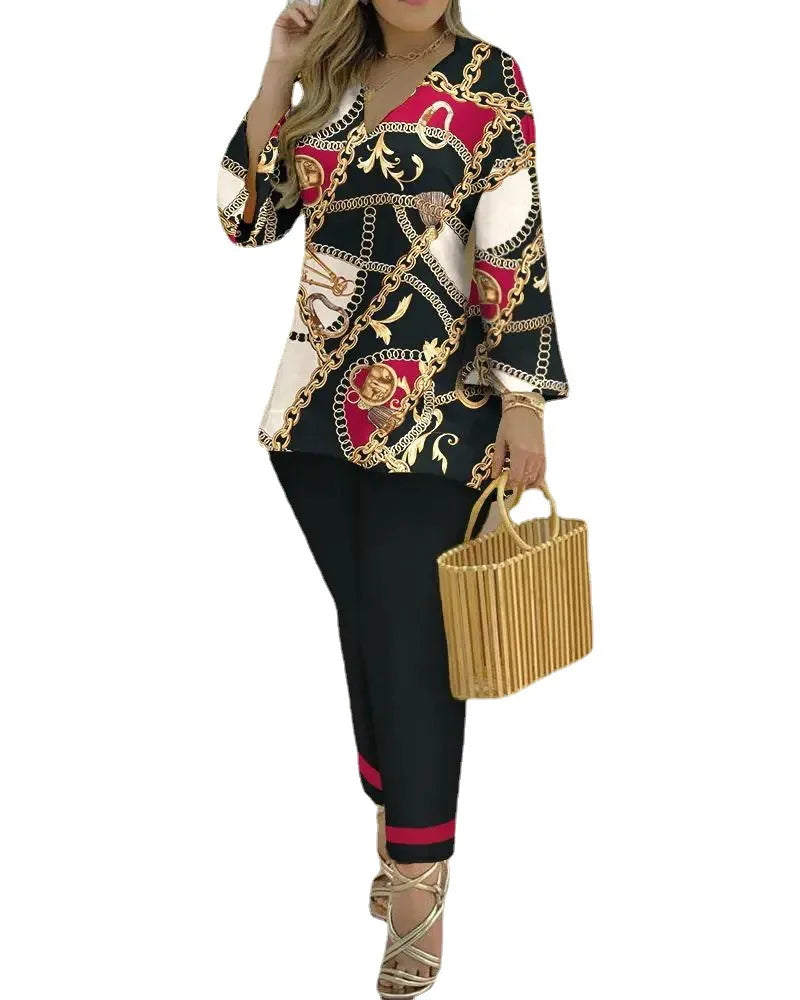 Long Sleeve V-neck Polyester Printing Two Pieces Sets