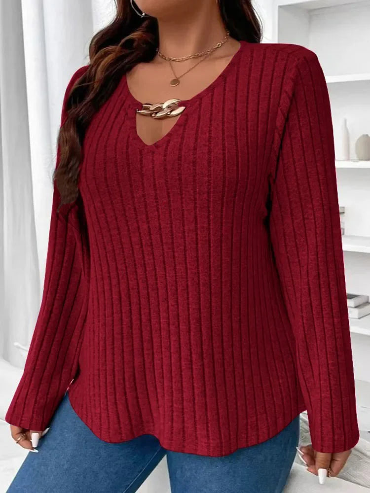 Plus Size Solid V-neck Chain Loose Long Sleeved Rib-knit Light Sweater