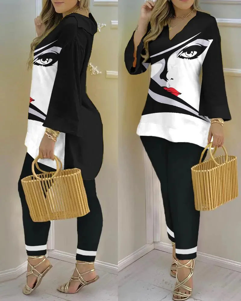 Long Sleeve V-neck Polyester Printing Two Pieces Sets
