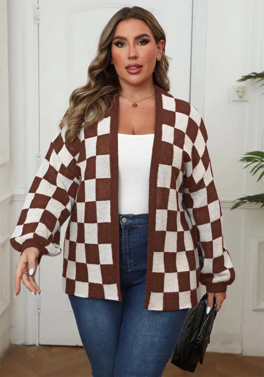 Plus Size Plaid Open Front Knitted Cardigan