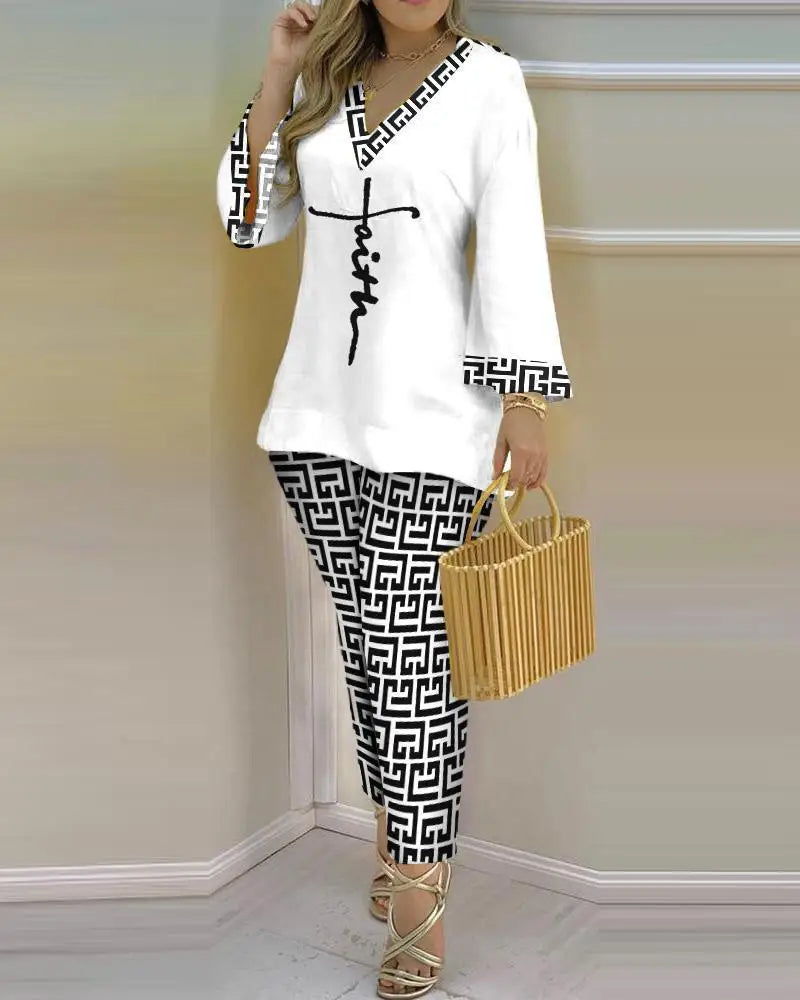 Long Sleeve V-neck Polyester Printing Two Pieces Sets