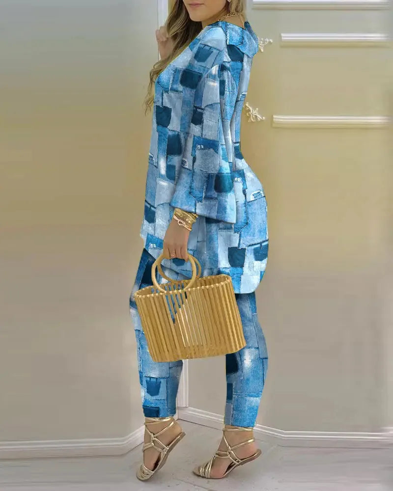 Long Sleeve V-neck Polyester Printing Two Pieces Sets