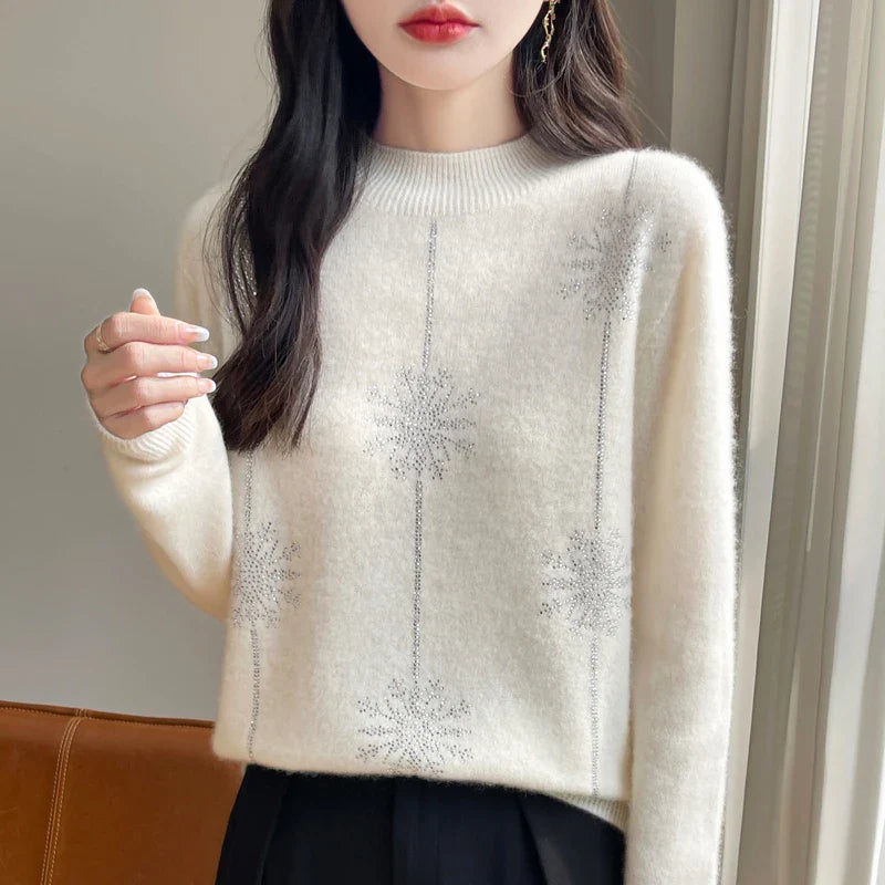 Snowflake Mock Neck Long Sleeve Knitted Looser Pullovers