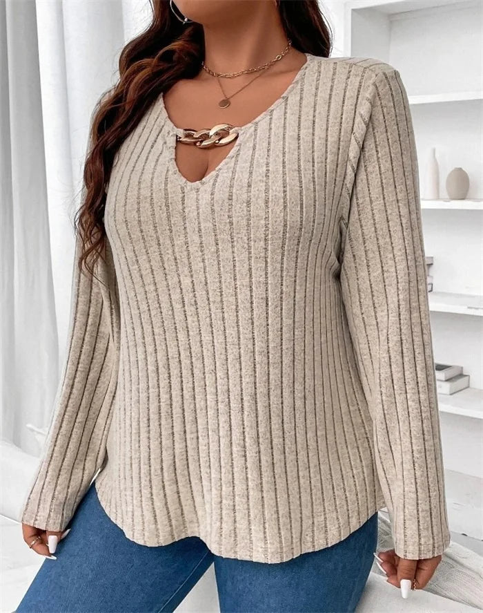 Plus Size Solid V-neck Chain Loose Long Sleeved Rib-knit Light Sweater