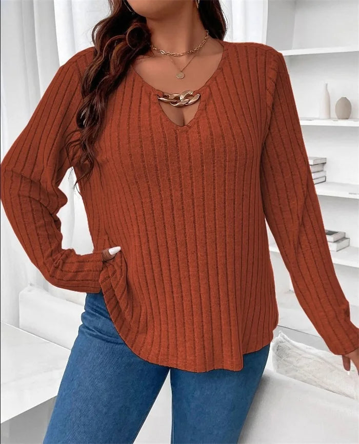 Plus Size Solid V-neck Chain Loose Long Sleeved Rib-knit Light Sweater