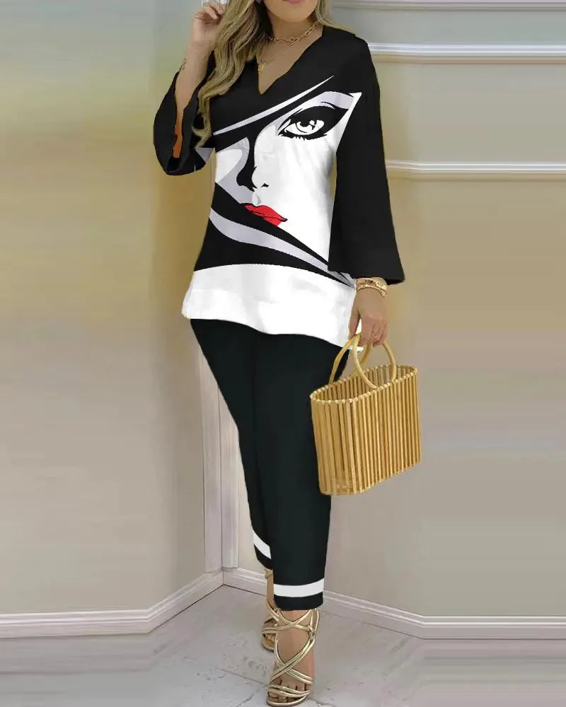 Long Sleeve V-neck Polyester Printing Two Pieces Sets