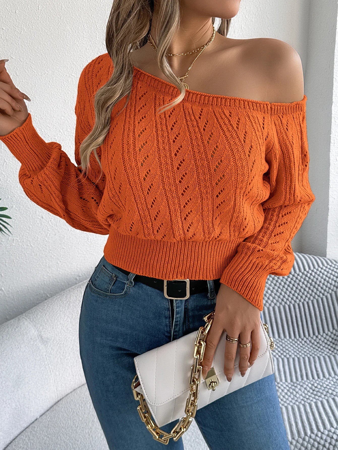 Casual Elegant Slash Neck Off Shoulder Long Sleeved Knitted Pullover Sweater