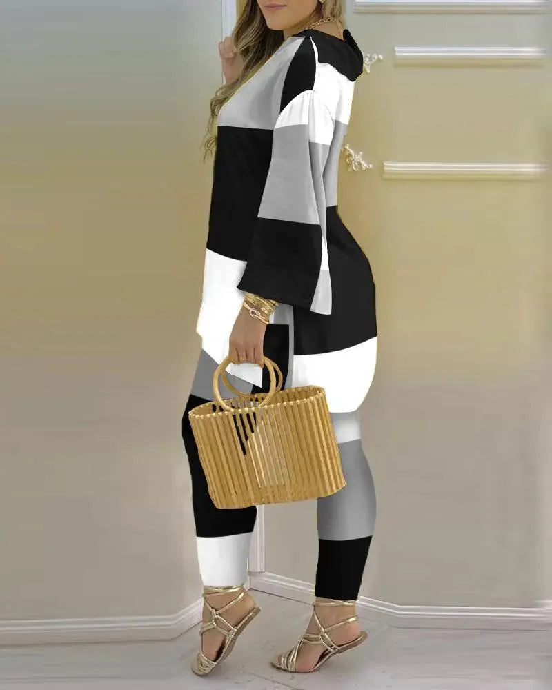 Long Sleeve V-neck Polyester Printing Two Pieces Sets