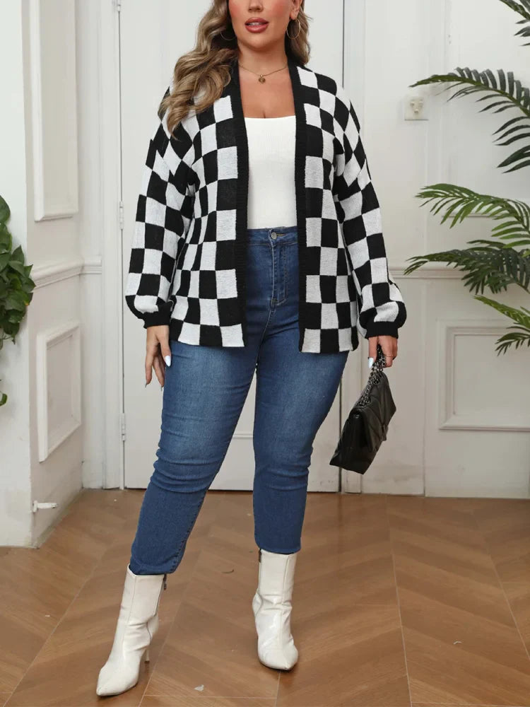 Plus Size Plaid Open Front Knitted Cardigan