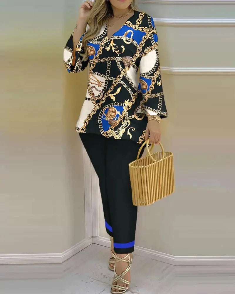 Long Sleeve V-neck Polyester Printing Two Pieces Sets