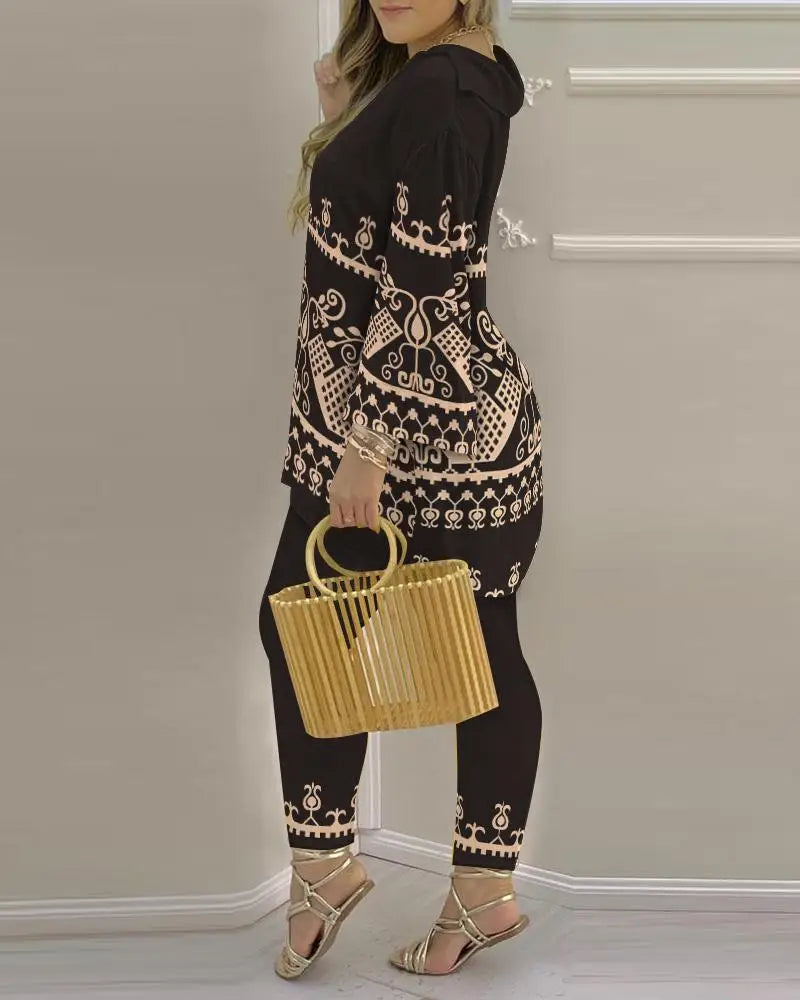 Long Sleeve V-neck Polyester Printing Two Pieces Sets