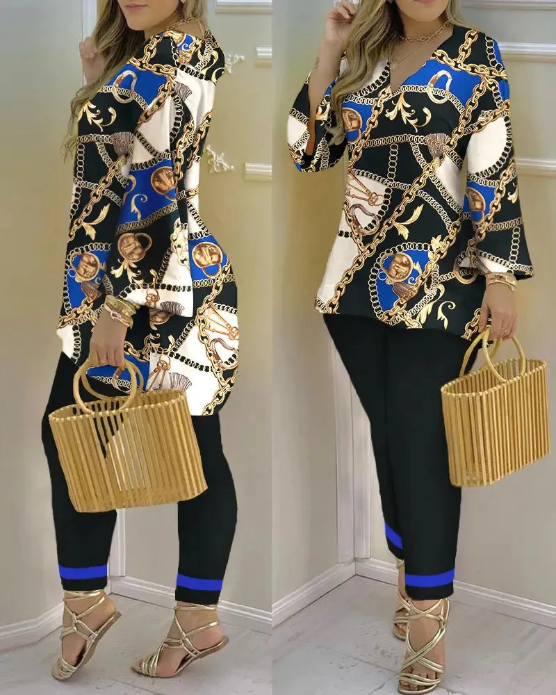 Long Sleeve V-neck Polyester Printing Two Pieces Sets