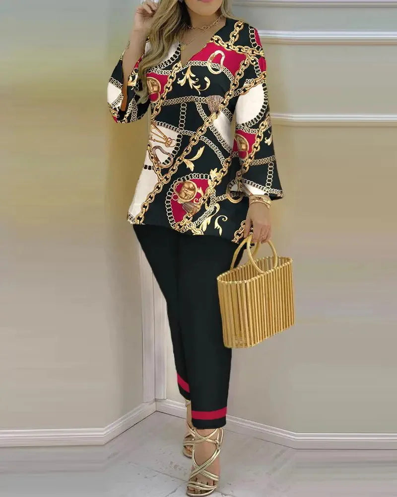 Long Sleeve V-neck Polyester Printing Two Pieces Sets