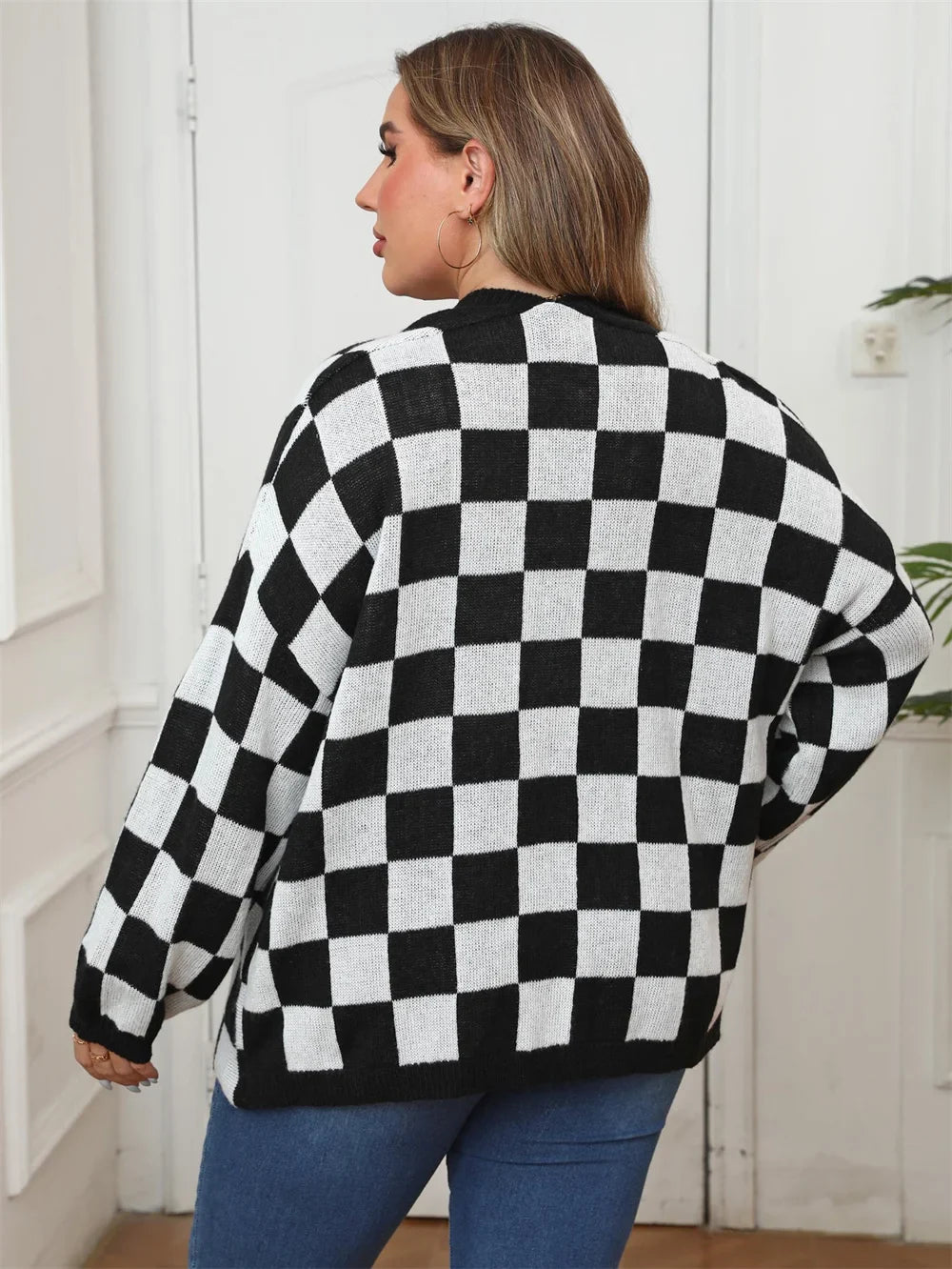 Plus Size Plaid Open Front Knitted Cardigan