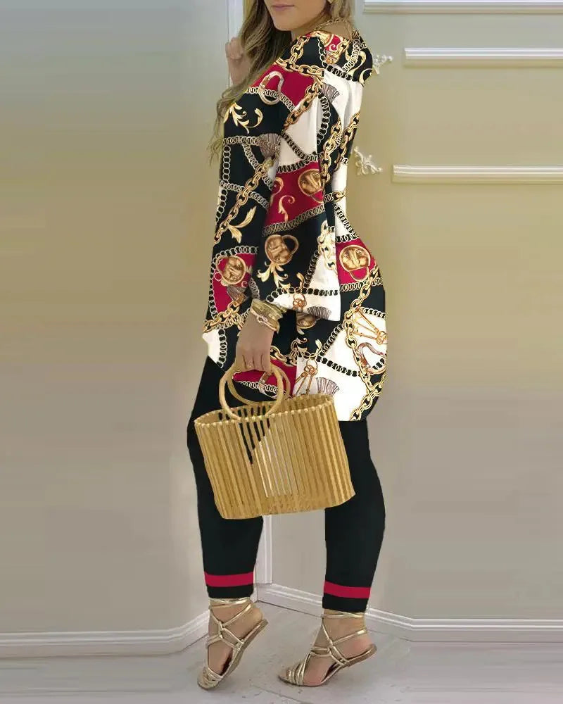 Long Sleeve V-neck Polyester Printing Two Pieces Sets