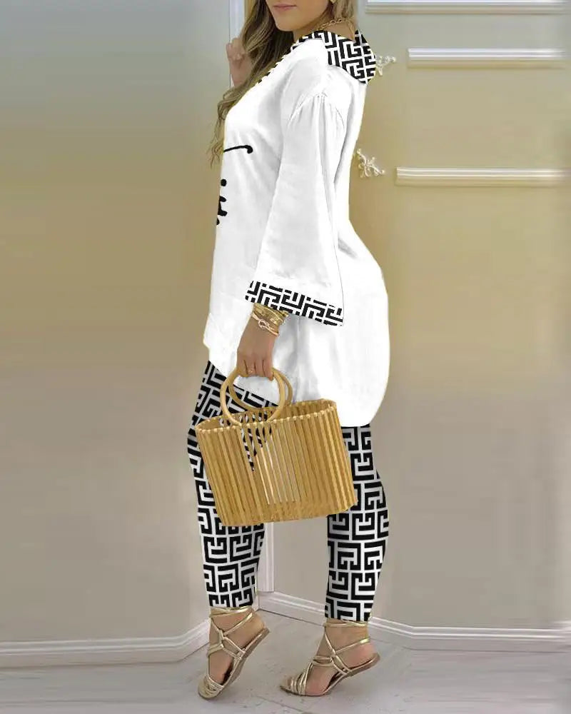 Long Sleeve V-neck Polyester Printing Two Pieces Sets