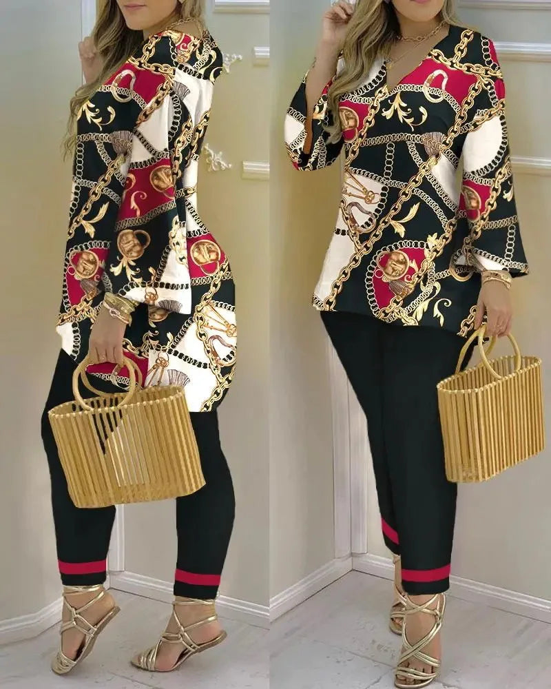 Long Sleeve V-neck Polyester Printing Two Pieces Sets