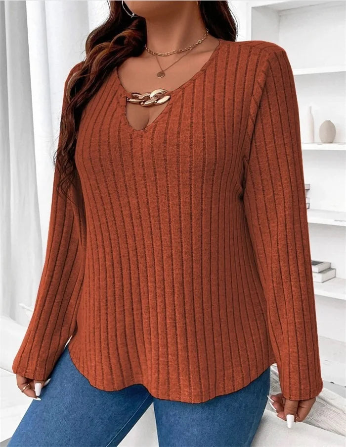Plus Size Solid V-neck Chain Loose Long Sleeved Rib-knit Light Sweater