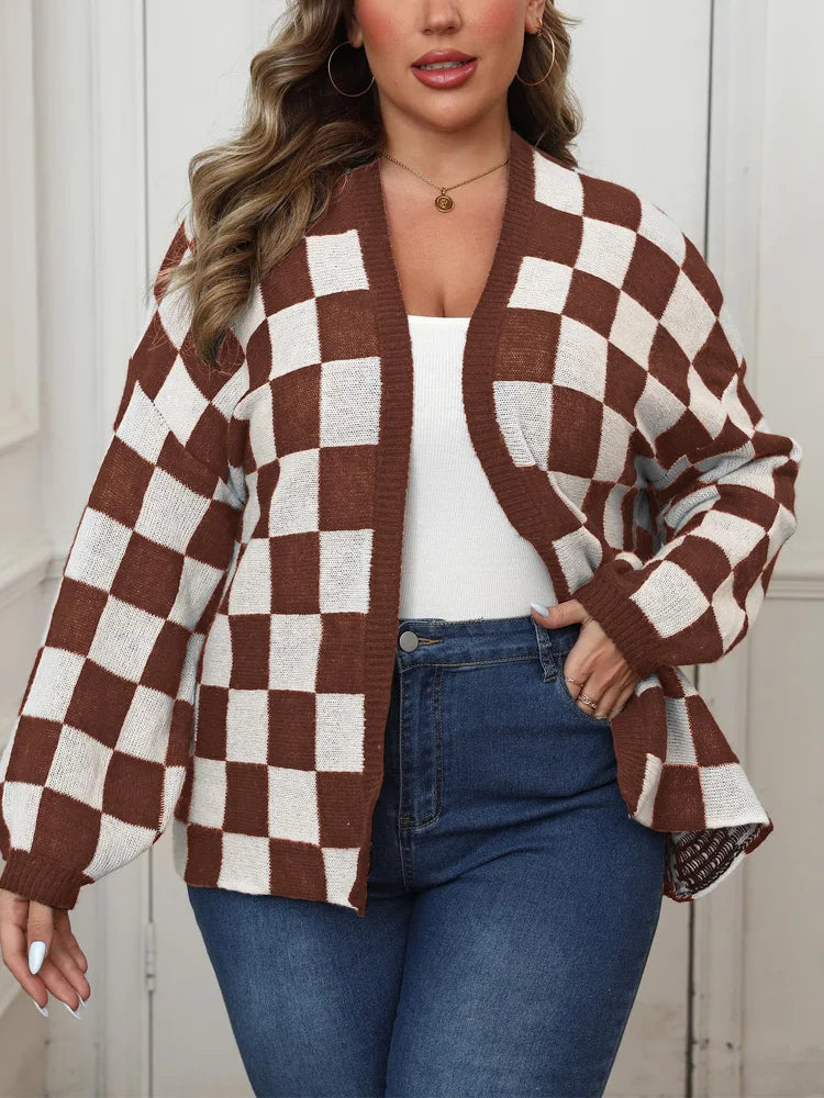 Plus Size Plaid Open Front Knitted Cardigan