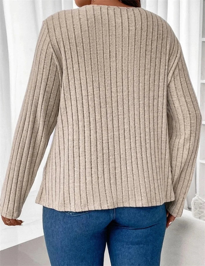 Plus Size Solid V-neck Chain Loose Long Sleeved Rib-knit Light Sweater