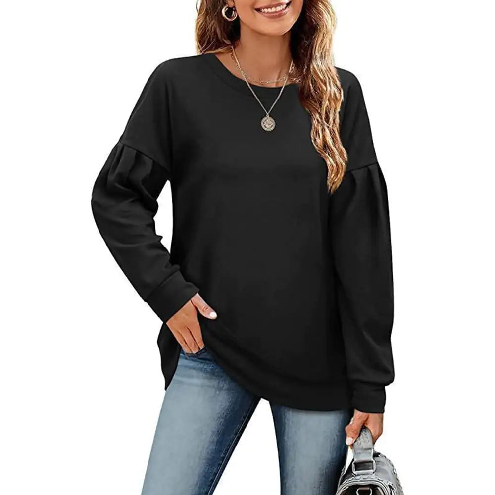 Solid Color Women's Sweatshirt with Round Neck Design