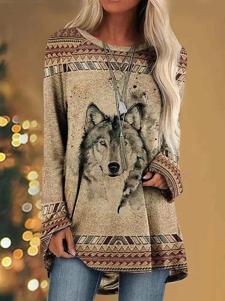 Women's Animal Print Loose-Fit T-Shirt with Round Neck