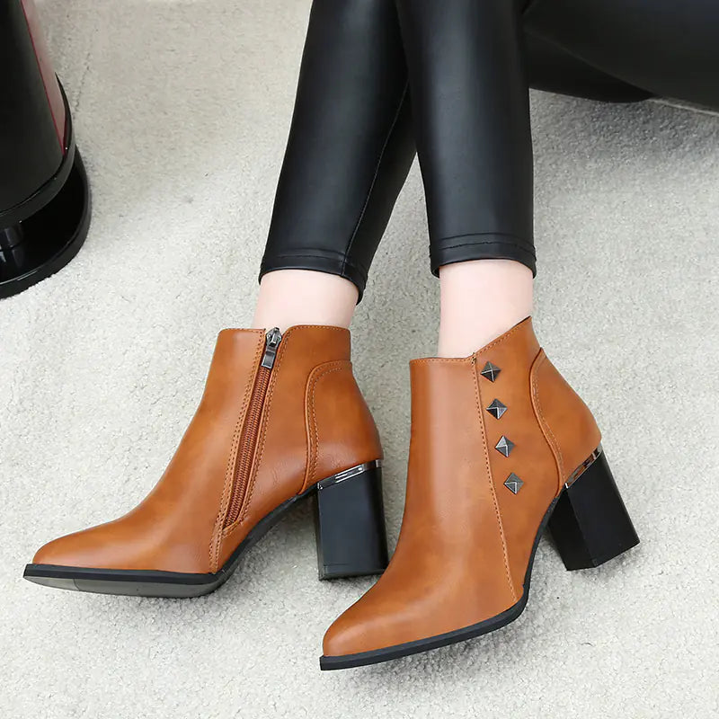 Rivet Chunky Heels with Pointed Toe, European Style