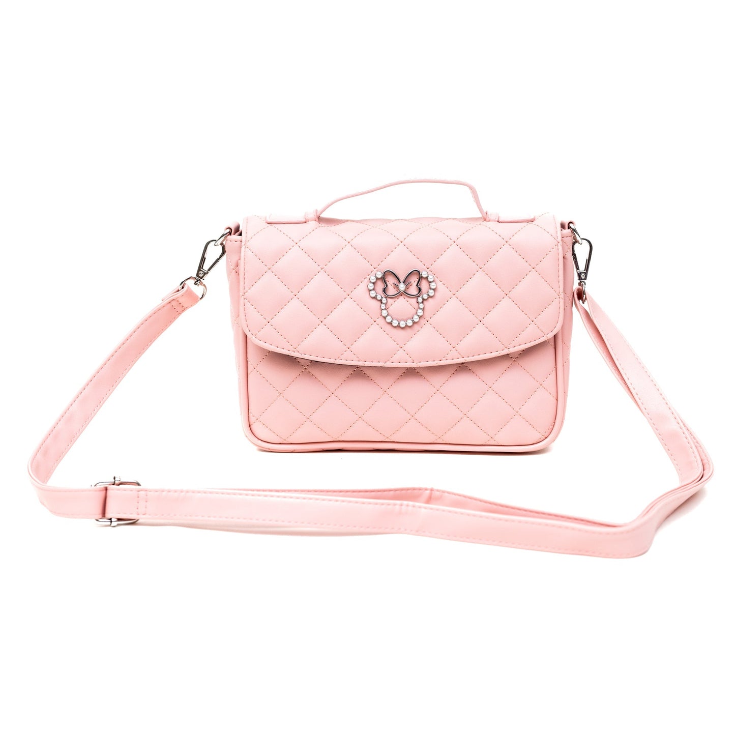 Disney Vegan Leather Fold Over Crossbody Bag for Women, Minnie Mouse Ears and Bow Icon with Mini Faux Pearls, Pink