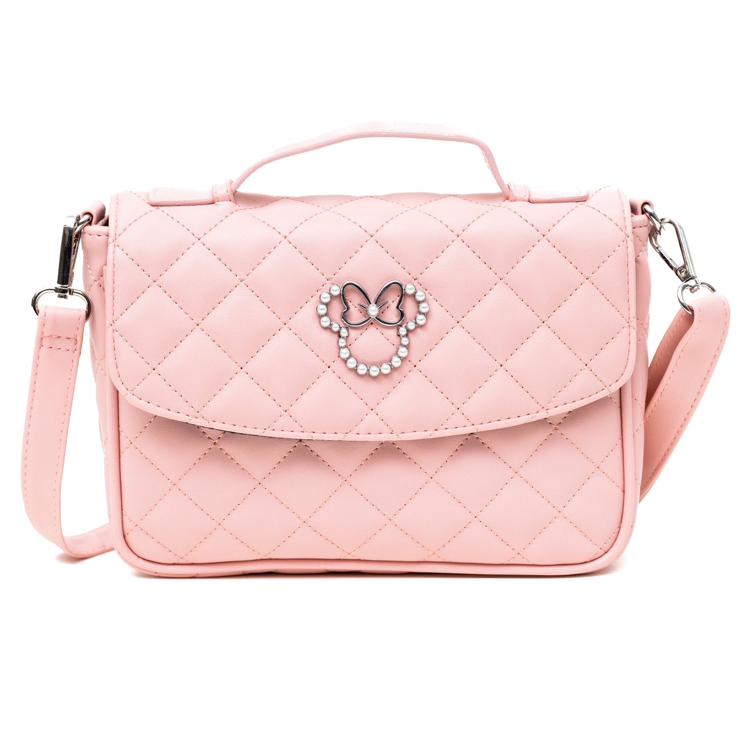 Disney Vegan Leather Fold Over Crossbody Bag for Women, Minnie Mouse Ears and Bow Icon with Mini Faux Pearls, Pink