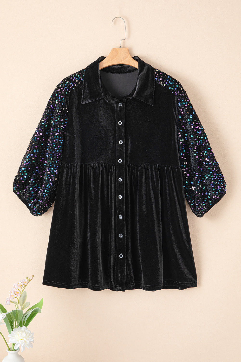 Velvet Sequin Puff Sleeve Buttoned Peplum Shirt