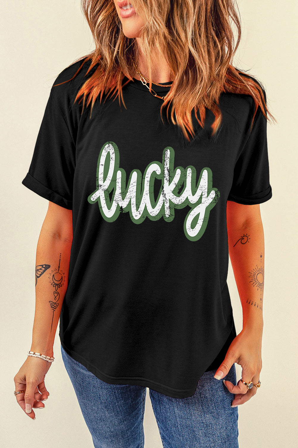 Black St Patrick's Day lucky Cracked Letter Graphic T Shirt