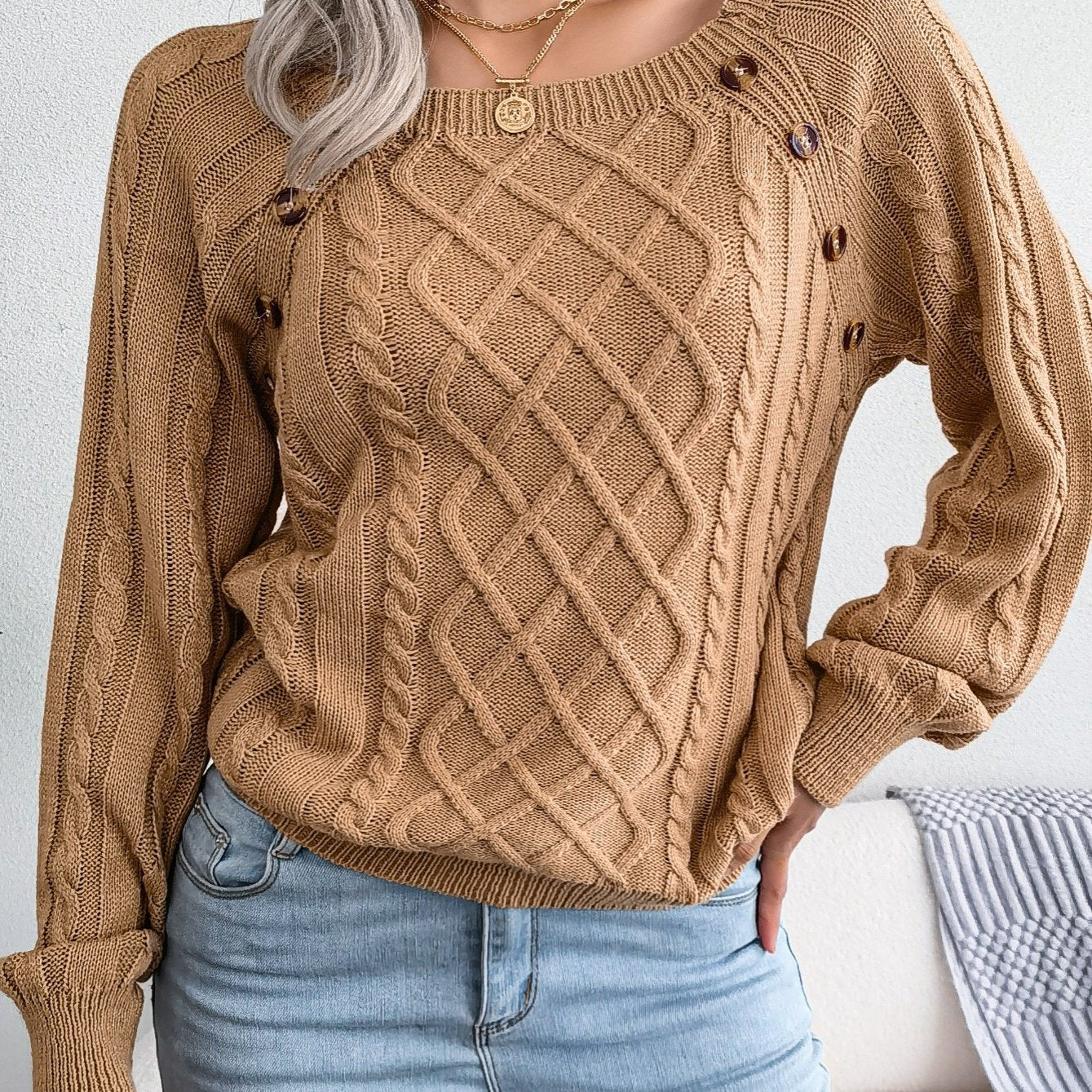 Texture Button Lantern Sleeve Sweater