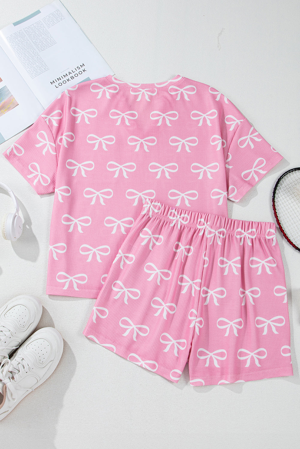 Valentine Bow Waffle Knit T-Shirt and Shorts Set