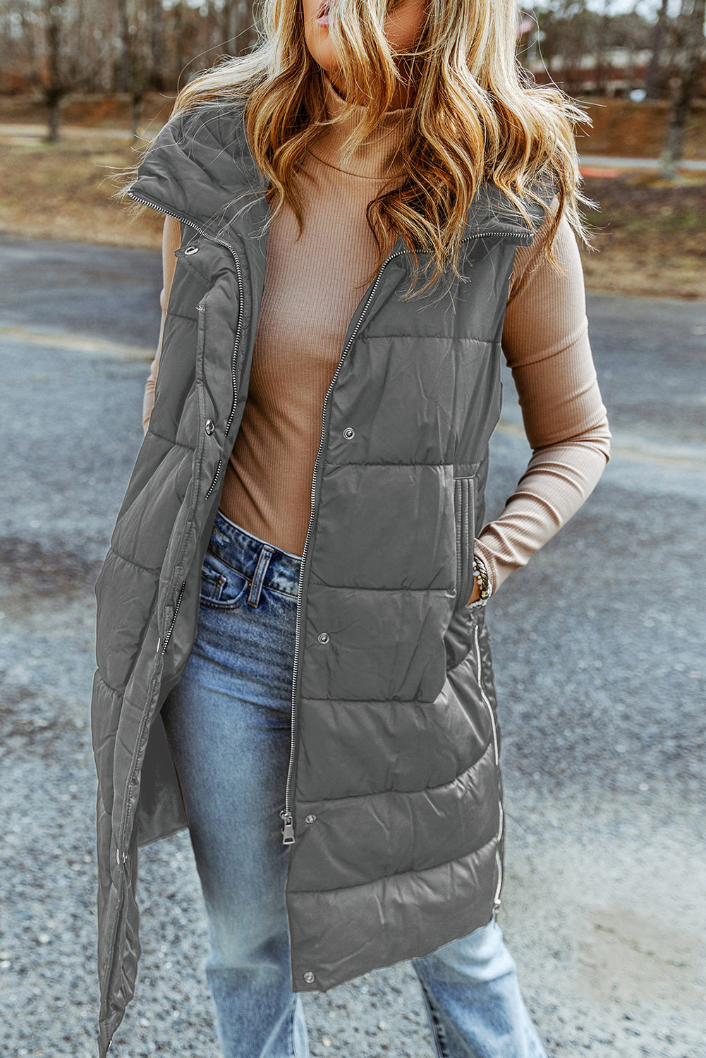 Solid Quilted Long Hooded Vest Coat