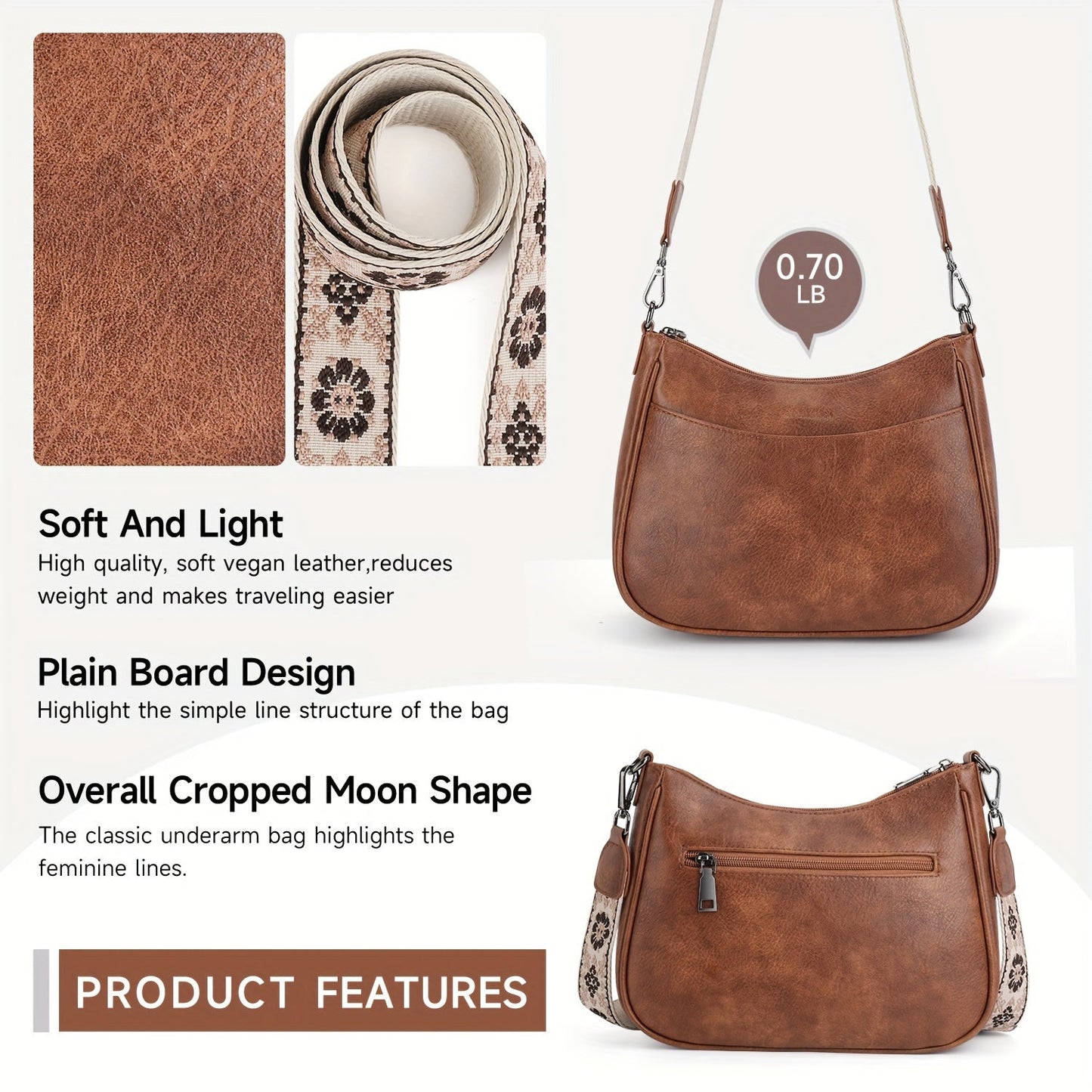 Vintage Crossbody Bag Chic Shoulder Purse Adjustable Strap