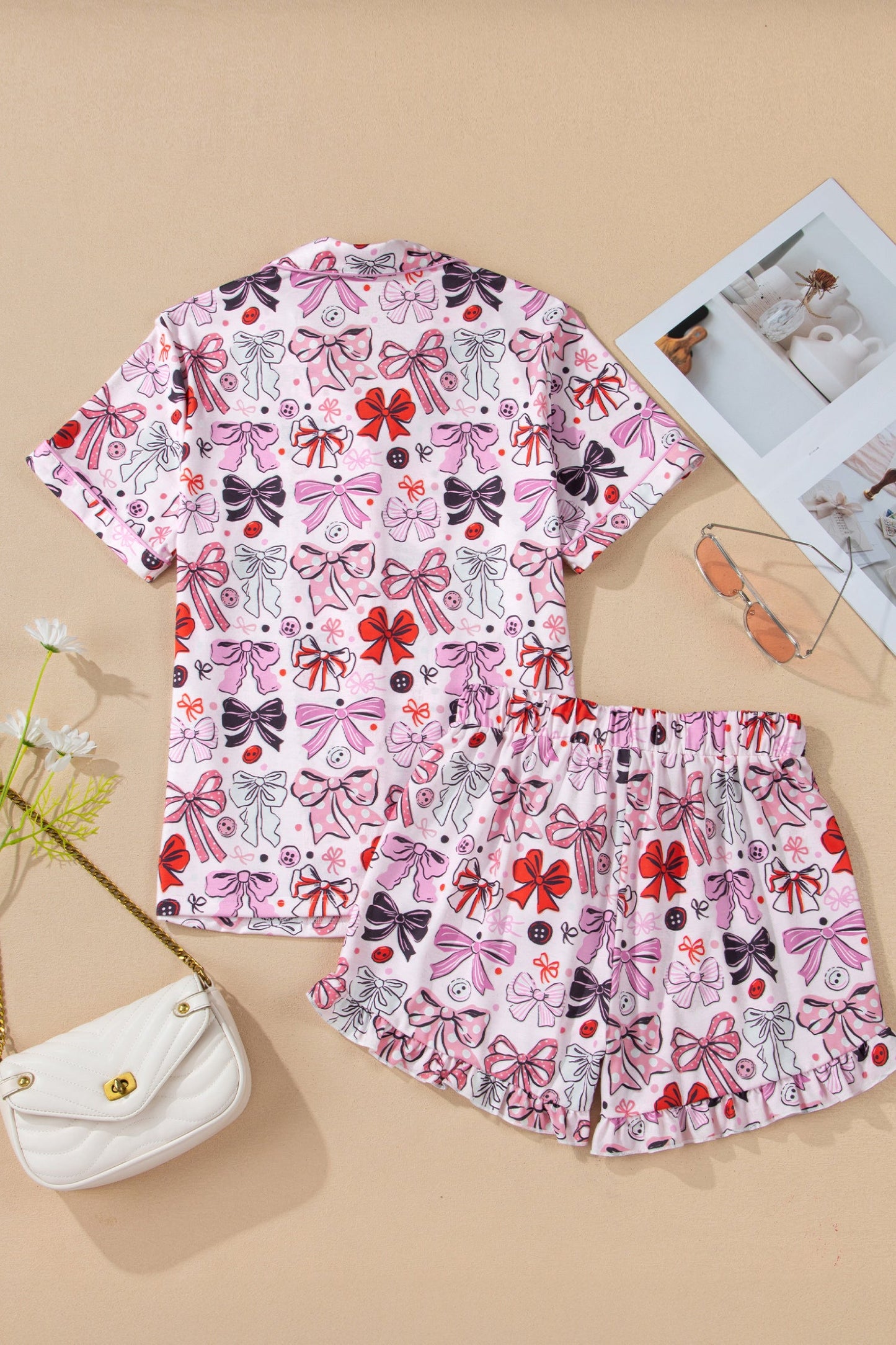 Polka Dot Bow Tie Shirt and Shorts Pajama Set