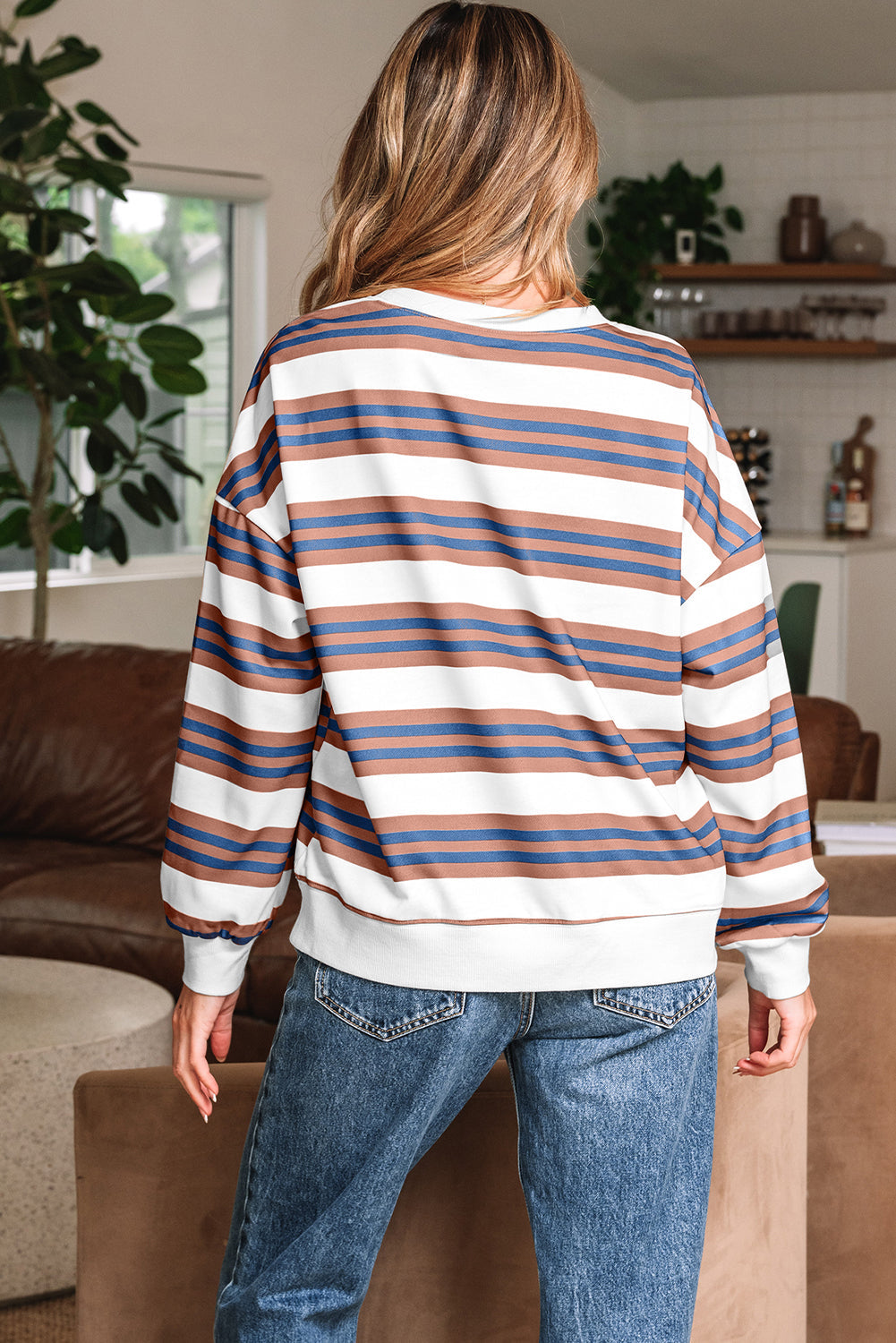 Stripe Crewneck Drop Shoulder Sweatshirt